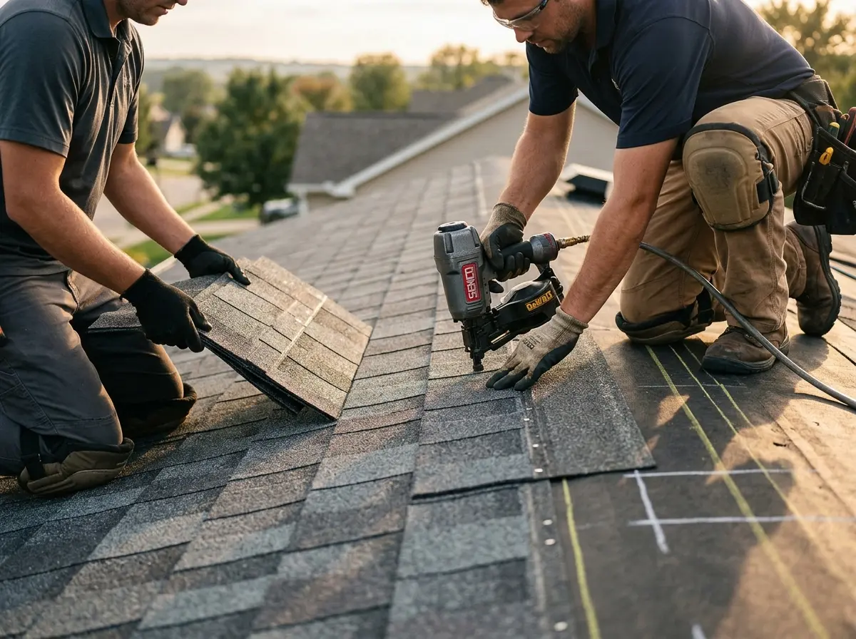 Professional roofer working on a residential roof in Severn